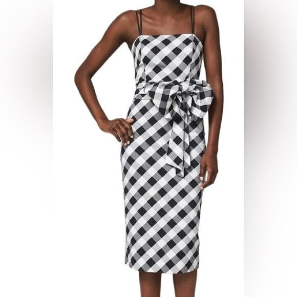 White House Black Market black and gingham bow belt sheath dress EUC
